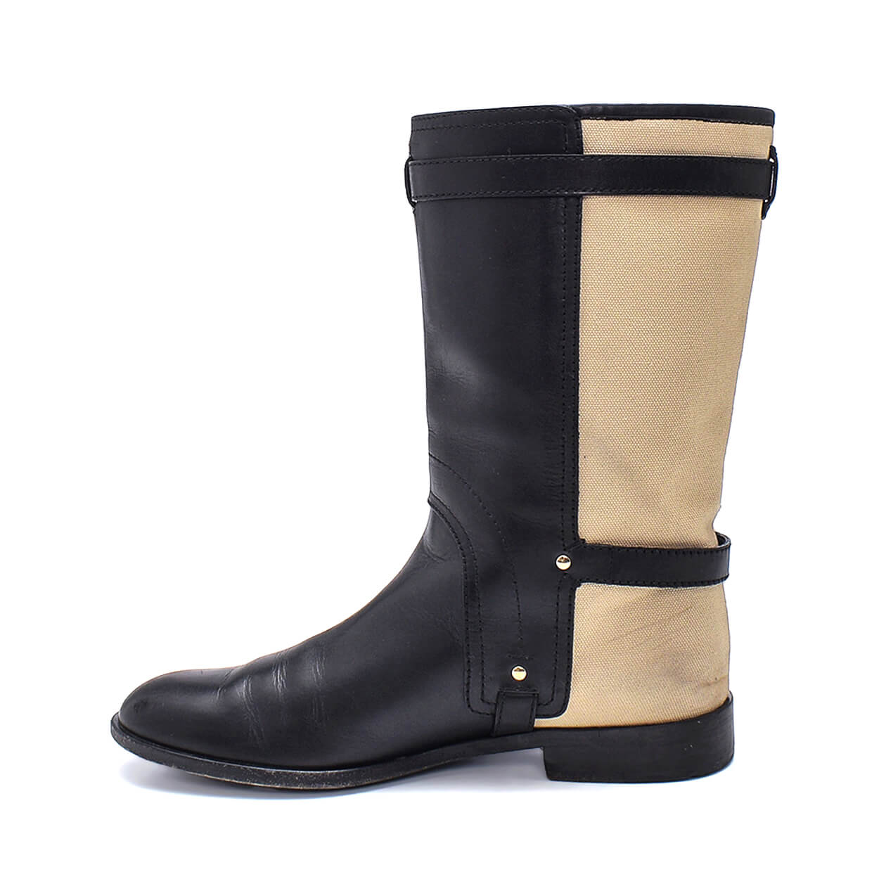 Christian Dior - Black Leather & Beige Canvas Colorblock Double Buckle Boots